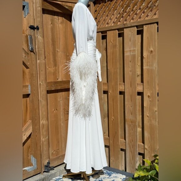 🆕 BRONX & BANCO 🧿 NWOT Geisha Blanc Feather-Trim Maxi Dress, White - Sz S US 4 - Picture 9 of 14